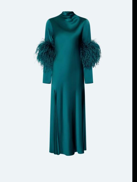 LAPOINTE Satin Draped Neck Bias Dress With Feathers