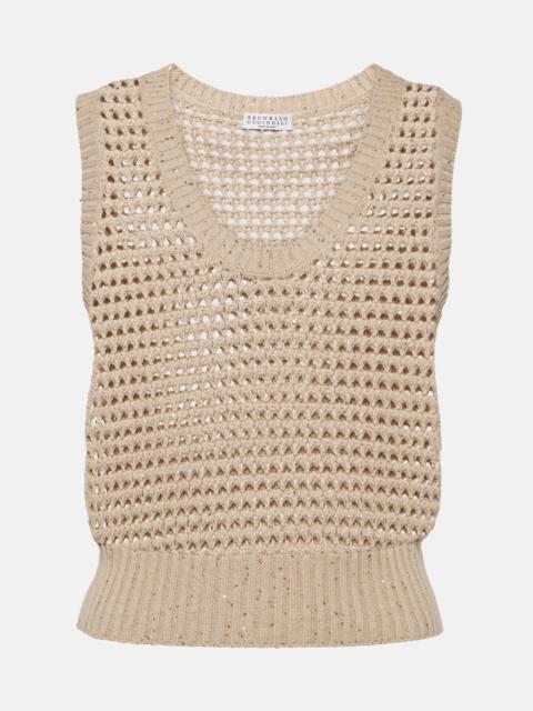 Sequined open-knit cotton-blend vest