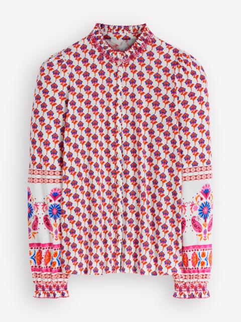 BODEN Effie Smocked Detail Shirt-Multi, Meadow Stamp Placement