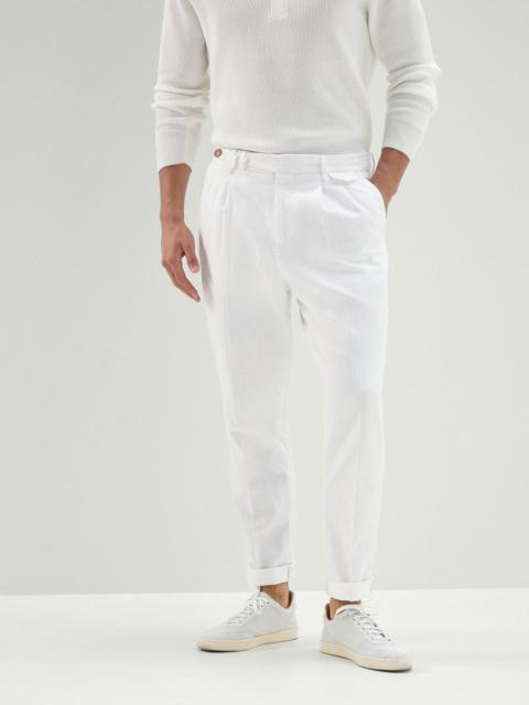 Brunello Cucinelli Garment-dyed leisure fit trousers in comfort cotton and linen chevron with double pleats and tabbed 