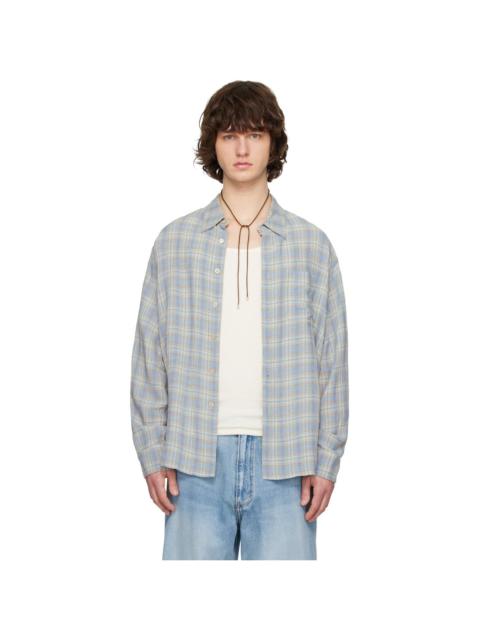 SOLID HOMME Blue Viscose Linen Check Shirt