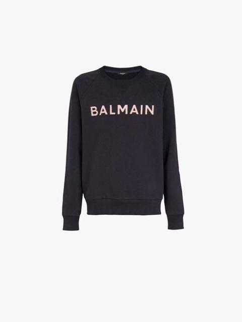 Balmain Dark navy blue eco-designed cotton sweatshirt with pale pink Balmain logo appliqué