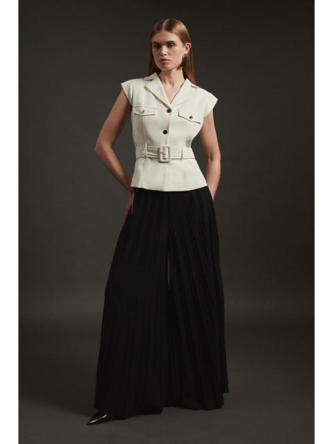 KAREN MILLEN Tailored Crepe Pleated Wide Leg Belted Jumpsuit