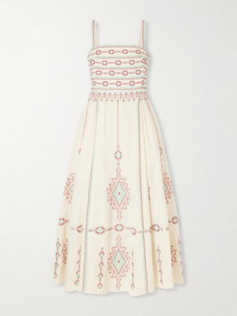 EMPORIO SIRENUSE Aneeda Astragal Mare Embroidered Linen Cotton-blend Midi Dress