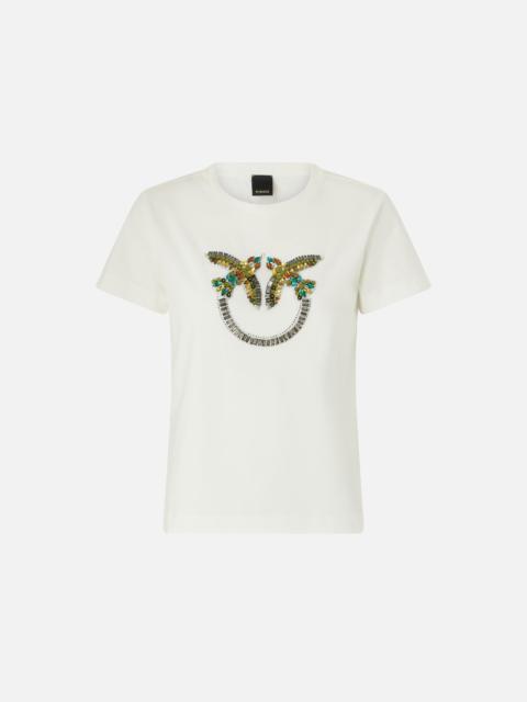 PINKO T-SHIRT WITH LOVE BIRDS JEWEL MAXI EMBROIDERY