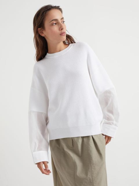 Brunello Cucinelli Cotton English rib knit sweater with organza sleeves