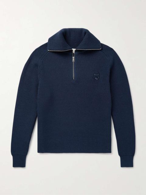 Maison Kitsuné Logo-Appliquéd Ribbed Cotton-Blend Half-Zip Sweater
