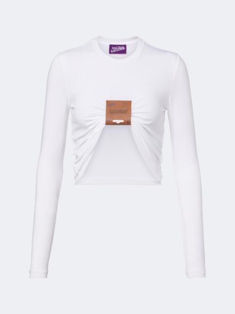 Jean Paul Gaultier Gathered leather-trimmed jersey top