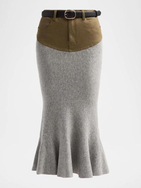 self-portrait Denim-Insert Knit Midi Skirt
