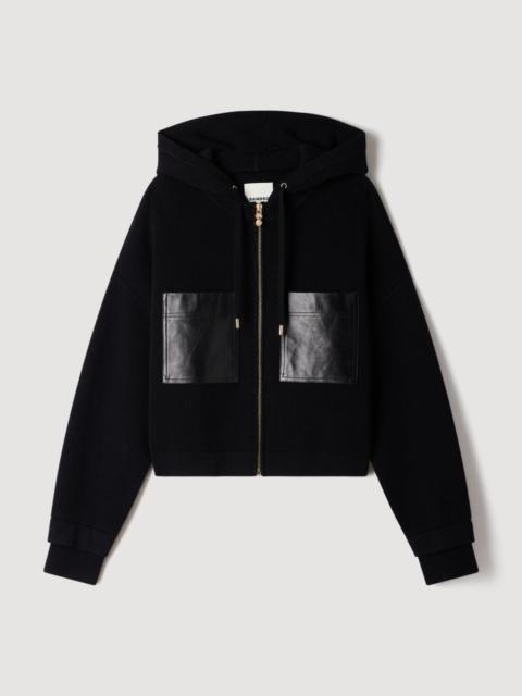 Sandro HOODED CARDIGAN WITH LEATHER TRIM