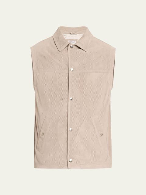 Brunello Cucinelli Men's Perforated Suede Snap-Front Vest
