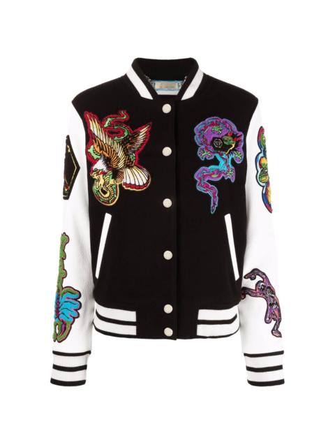 embroidered-patches colour-block varsity jacket