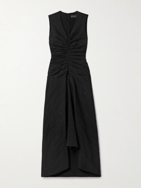 BRANDON MAXWELL The Finley Ruched Linen-blend Midi Dress