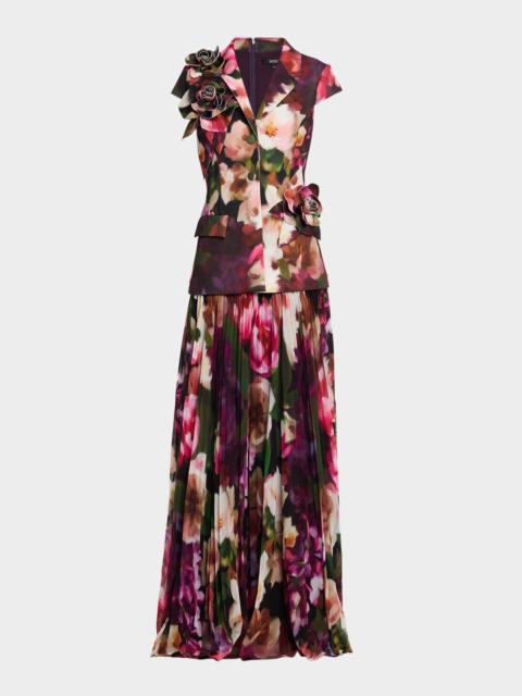 BADGLEY MISCHKA Pleated Floral Cap-Sleeve Gown
