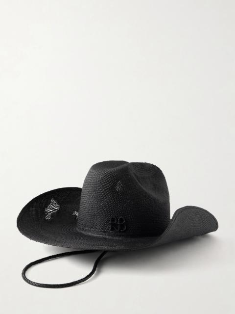 RUSLAN BAGINSKIY Cowboy distressed leather-trimmed embroidered straw hat Black