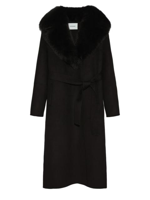 Belted cashmere coat with fox fur collar and lapels