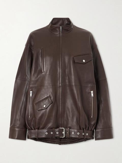 Tibi Belted Leather Bomber Jacket