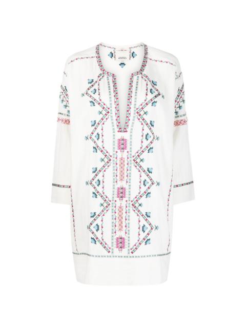 embroidered split neck minidress