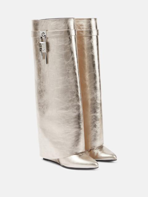 Shark Lock metallic leather knee-high boots