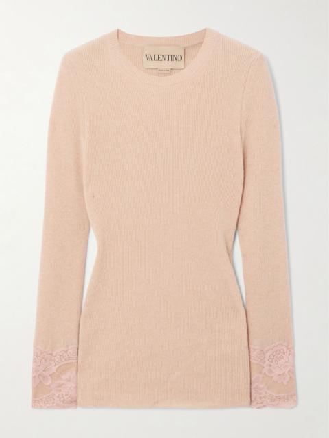 Valentino Lace-trimmed ribbed cashmere top Pink