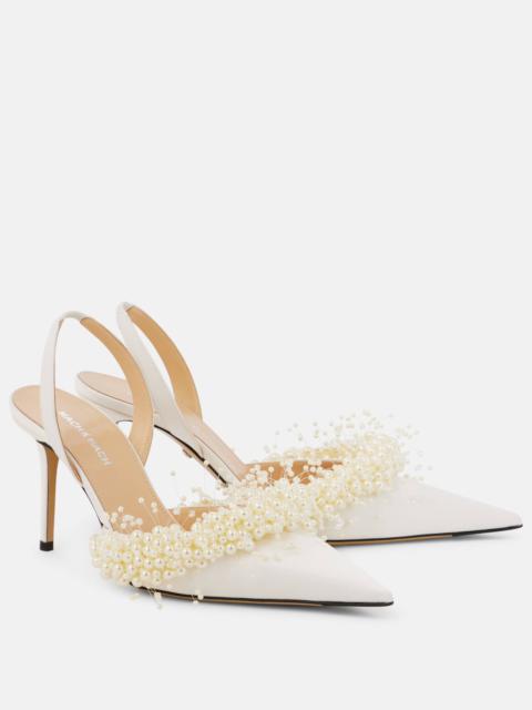 MACH & MACH Floating Pearl 85 satin slingback pumps