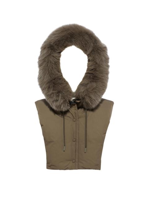 Hooded bib in quilted performance fabric and fox fur