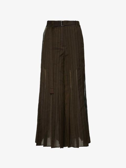 Pleated striped wide-leg mid-rise cotton-blend trousers