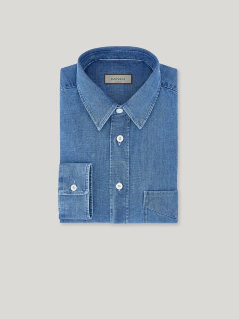 Canali LIGHT BLUE STONEWASHED COTTON DENIM RELAXED-FIT SHIRT