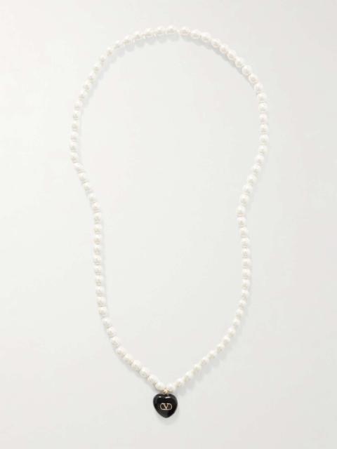 Gold-tone, faux pearl and enamel necklace White