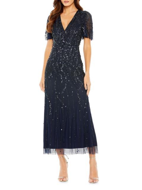 MAC DUGGAL Women's Beaded Sheath Short-Sleeve Midi-Dress - Midnight