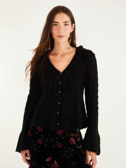 FARM RIO Black Lace Ruffled Knit Cardigan