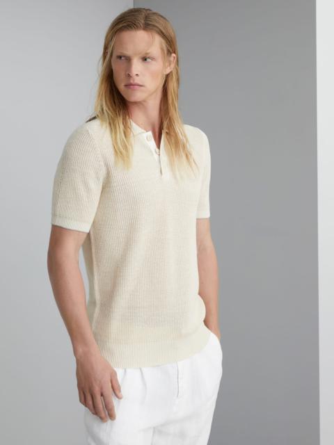 Linen and cotton half English rib knit polo with contrast detail