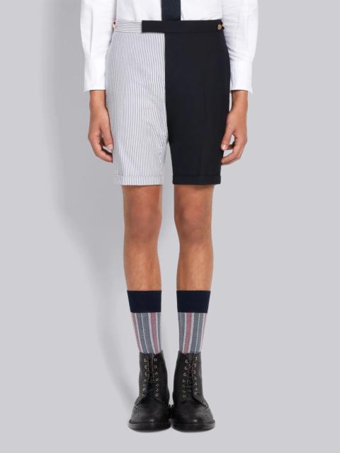 Thom Browne Navy Cotton Seersucker Stripe Funmix Side Tab Skinny Short