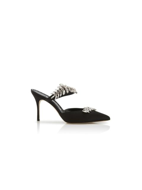 Manolo Blahnik Black Satin Crystal Embellished Mules