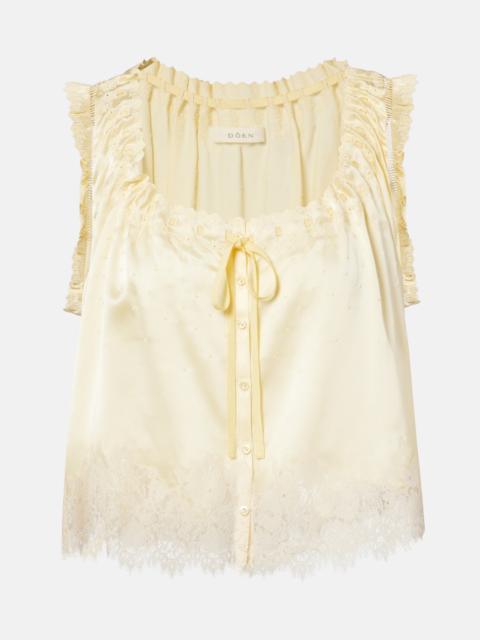 DÔEN Toulouse lace-trimmed embroidered silk top