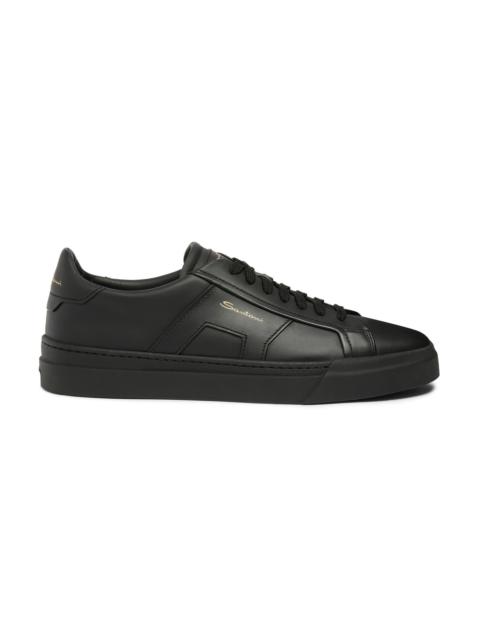 Santoni Men’s black leather double buckle sneaker