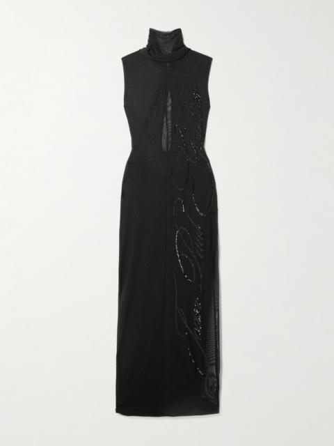Jean Paul Gaultier Embellished Gathered Sequined Tulle Halterneck Maxi Dress
