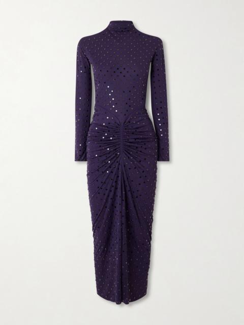 Alaïa Gathered crystal-embellished jersey midi dress Dark purple