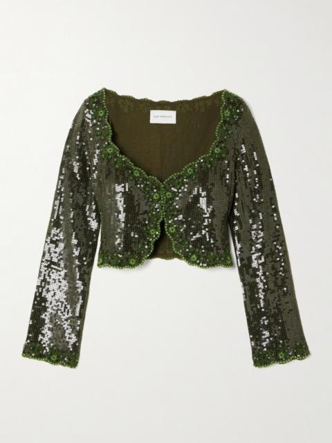 CLIO PEPPIATT Olivine Cropped Scalloped Embellished Crepe Top