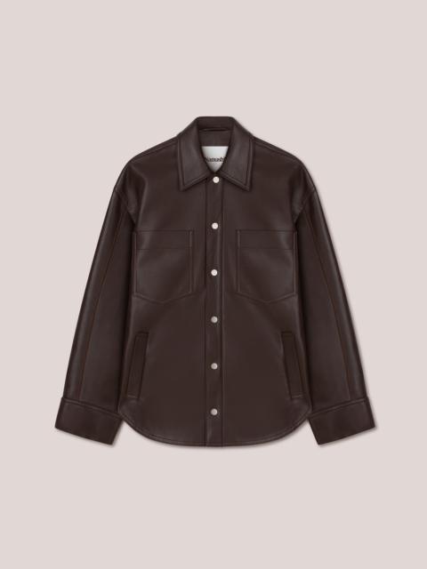 Nanushka KIORA - Regenerated leather overshirt with contrast knitted collar - Dark Brown