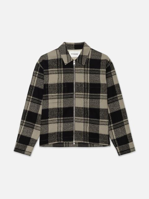 FRAME Spring Plaid Zip Shirt Jacket in Smoke Beige/Noir
