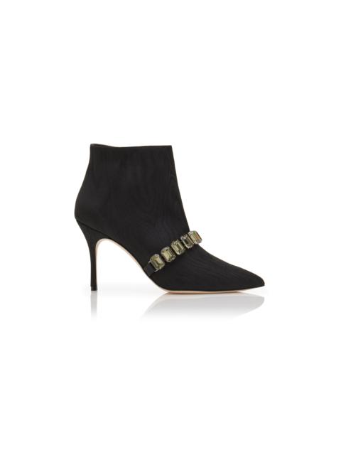 Manolo Blahnik Black Moire Jewel Strap Ankle Boots
