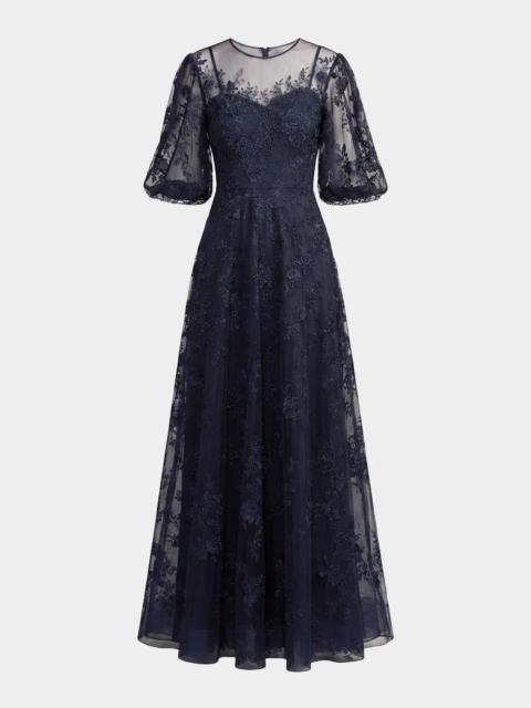 MAC DUGGAL Embroidered Illusion High-Neck Puff-Sleeve A-Line Gown