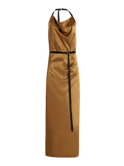 BEVZA Satin Maxi Apron Wrap Dress gold