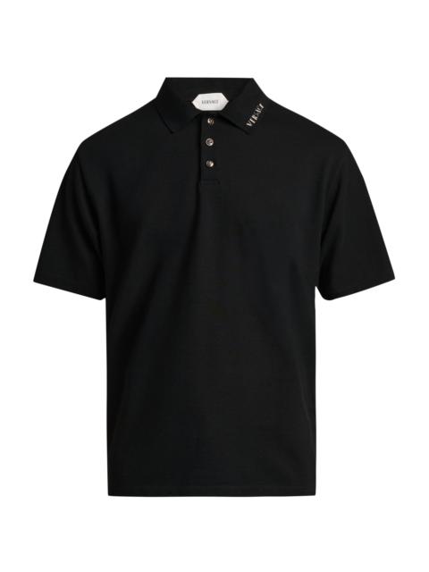 VERSACE Men's Piquet Medusa Buttons Cotton Polo Shirt - Black