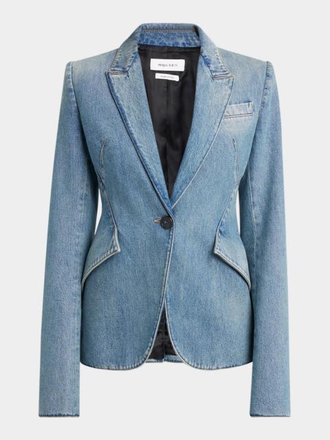 Alexander McQueen Light-Wash Denim Single-Breasted Blazer