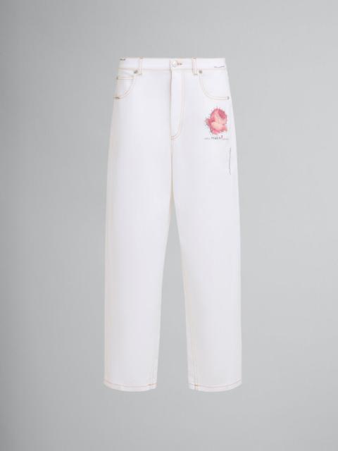 Marni WHITE DENIM TROUSERS WITH FLOWER PATCH