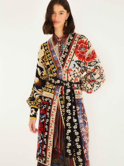 FARM RIO Mixed Flower Print Patchwork Knit Midi Cardigan