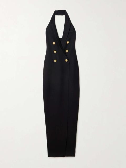 Balmain Button-embellished knitted halterneck maxi dress Black