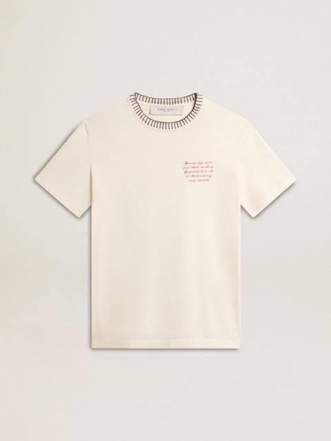 Women's aged white cotton T-shirt with hand embroidery